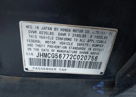 2002 Honda Accord 2.3 Se z USA, uszkodzony, nr VIN JHMCG56772C020756